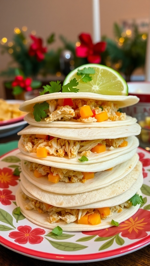 A stack of Tortillas Navideñas filled with chicken and cheese, garnished with cilantro and lime, on a festive table.